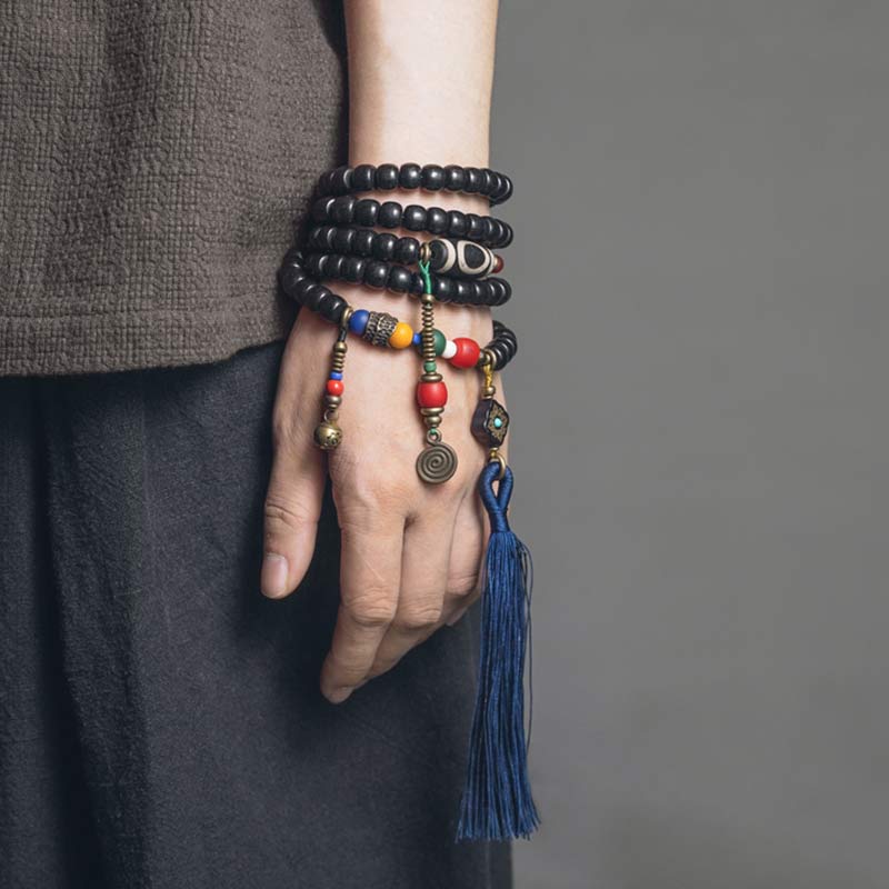 Stone of buddha 108 Beads Mala Ebony Wood Dzi Bead Copper Balance Tassel Bracelet