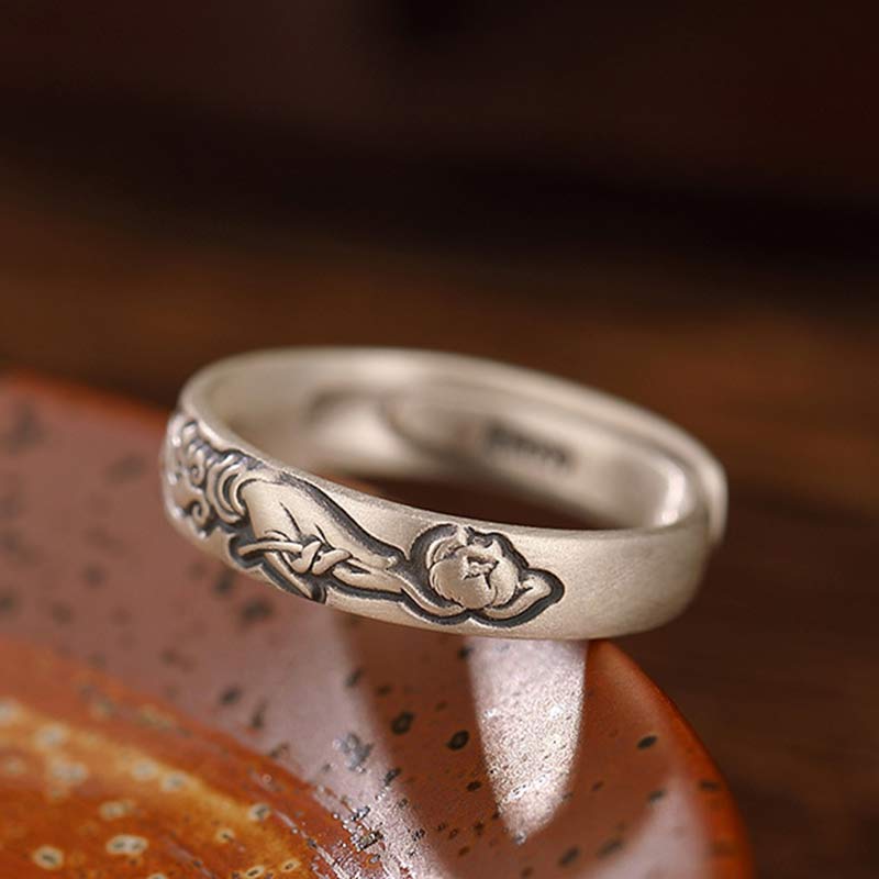 Stone of buddha 999 Sterling Silver Lotus Peony Flower Enlightenment Ring