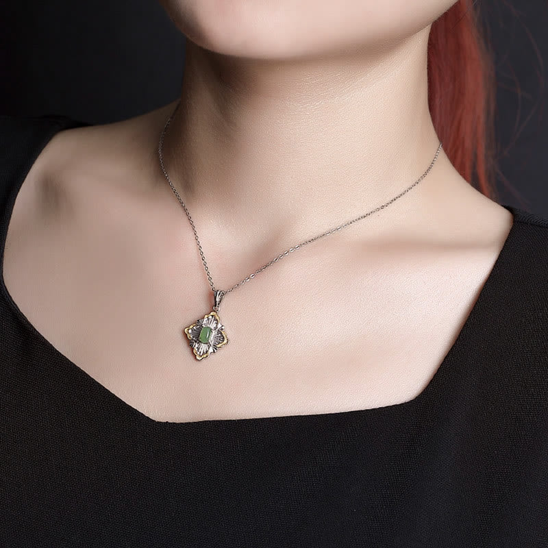 Stone of buddha 925 Sterling Silver Plated Gold Hetian Cyan Jade Rhombus Design Luck Healing Necklace Pendant