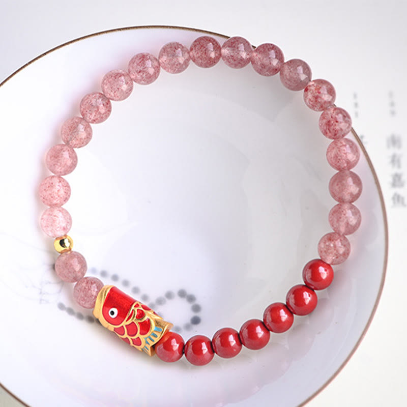 Stone of buddha Natural Strawberry Quartz Cinnabar Lucky Koi Fish Healing Bracelet