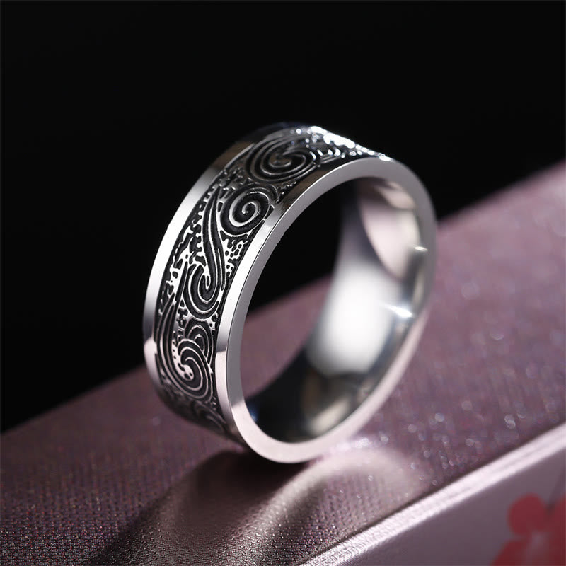 Stone of buddha Vintage Wave Auspicious Clouds Engraved Pattern Titanium Steel Balance Ring