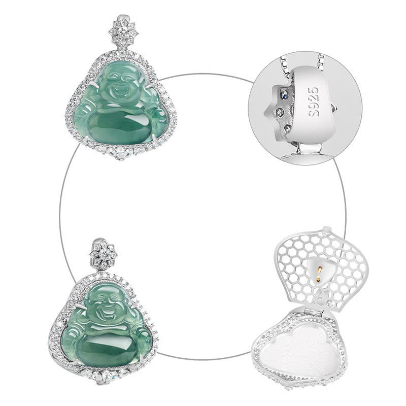 Stone of buddha 925 Sterling Silver Laughing Buddha Natural Jade Luck Abundance Chain Necklace Pendant