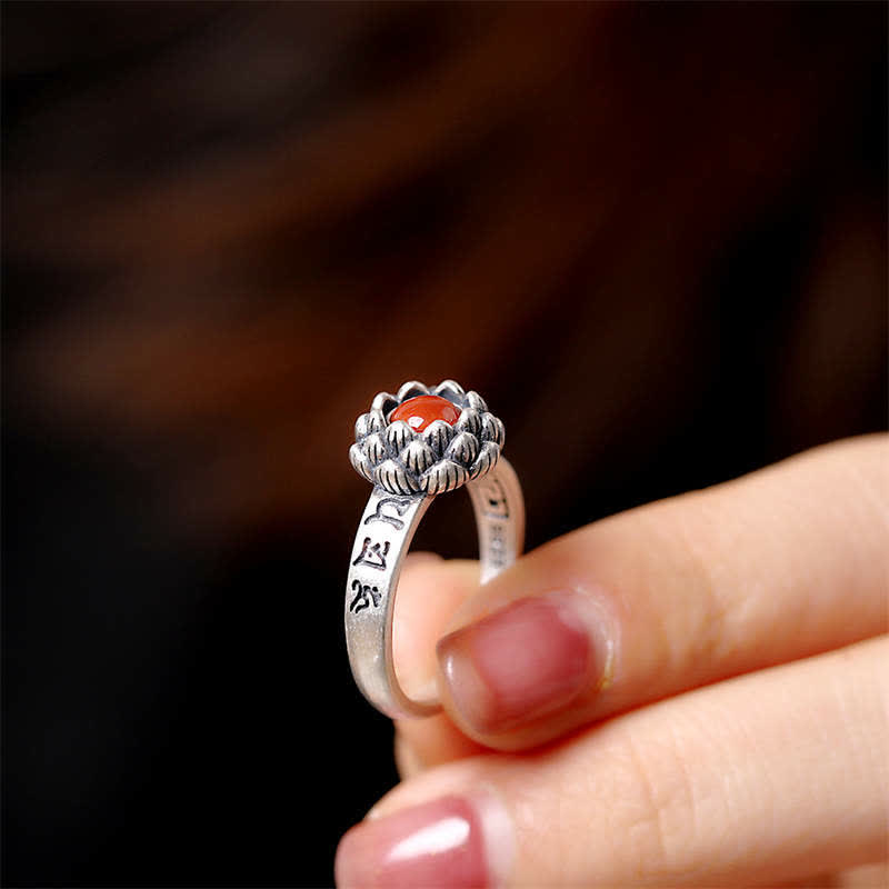 Stone of buddha925 Sterling Silver Lotus Red Agate Confidence Blessing Ring