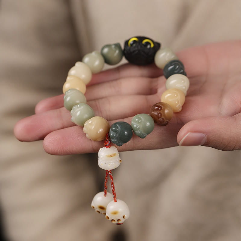 Stone of buddha Natural Bodhi Seed Lovely Paw Ebony Wood Lucky Cat Wisdom Bracelet