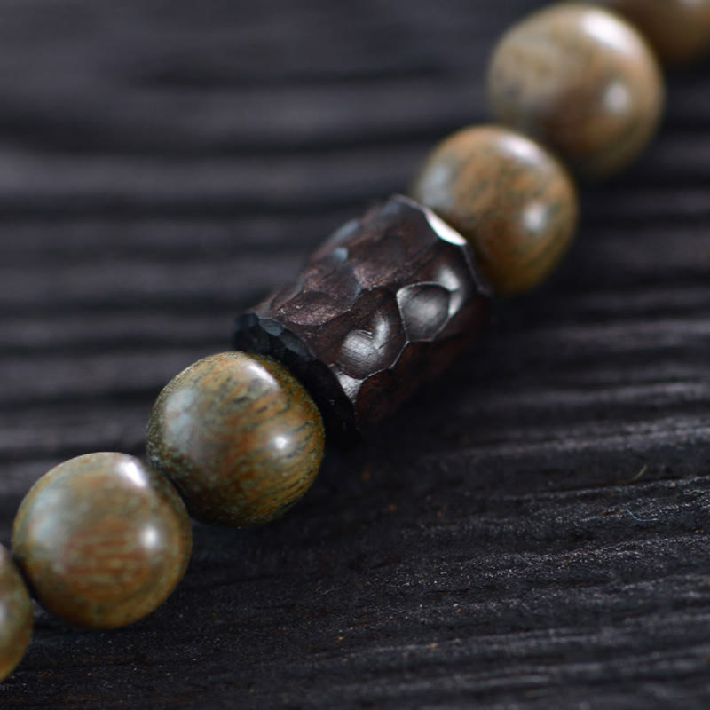 Stone of buddha Tibetan Green Sandalwood Ebony Wood Three-eyed Dzi Bead Fu Character Balance Peace Double Wrap Bracelet