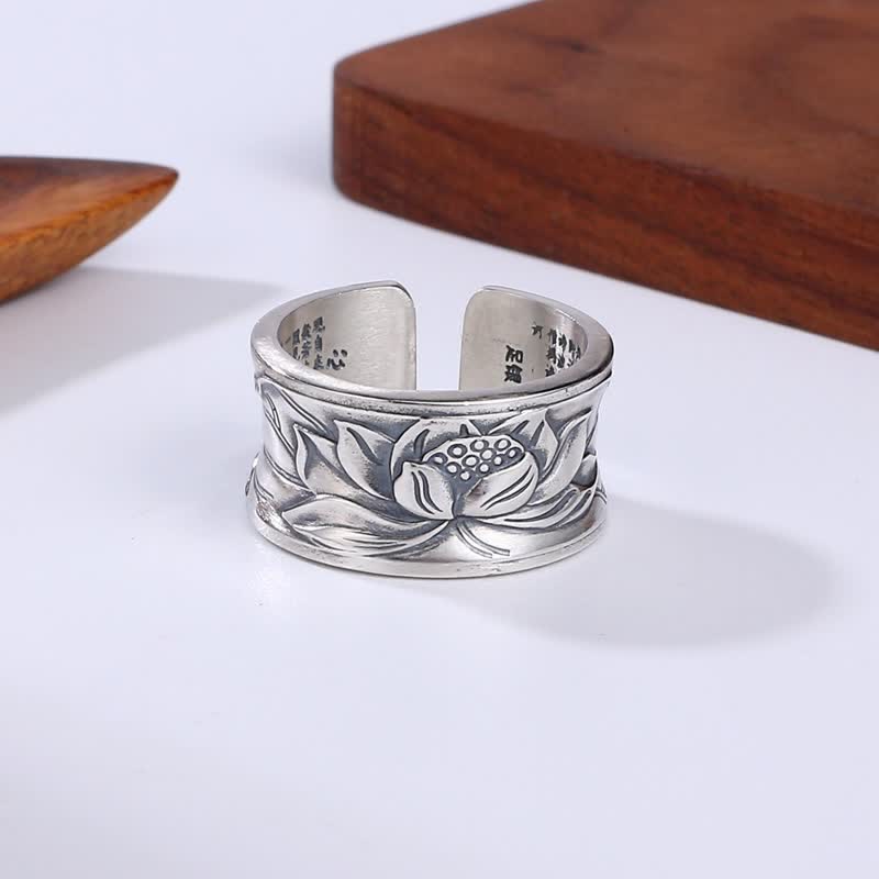 Stone of buddha 999 Sterling Silver Lotus Flower Heart Sutra Protection Ring