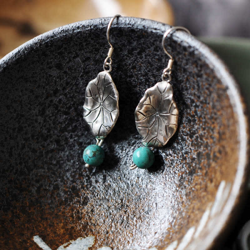 Stone of buddha 925 Sterling Silver Turquoise Lotus Leaf Protection Drop Dangle Earrings
