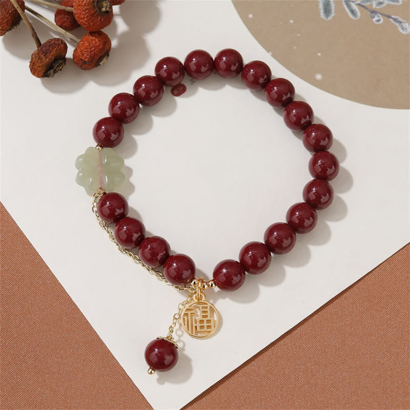 Stone of buddha Cinnabar Fu Character Hetian Jade Lucky Four Leaf Clover Blessing Bracelet