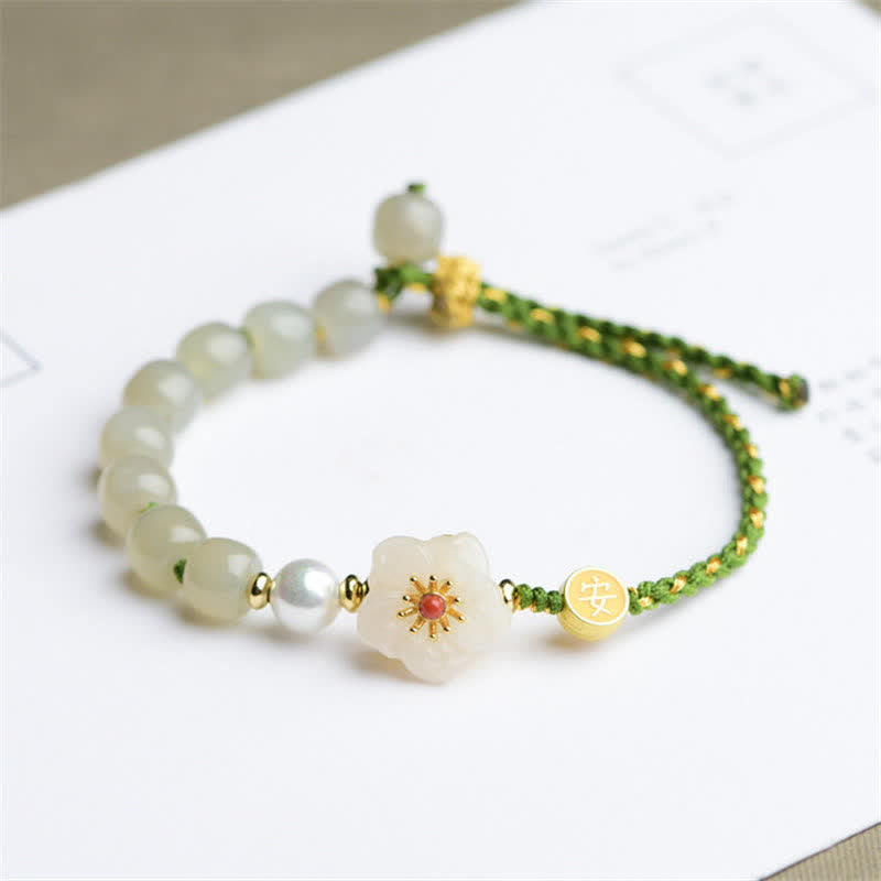 Stone of buddha 925 Sterling Silver Natural Hetian Jade Peach Blossom Luck Bracelet