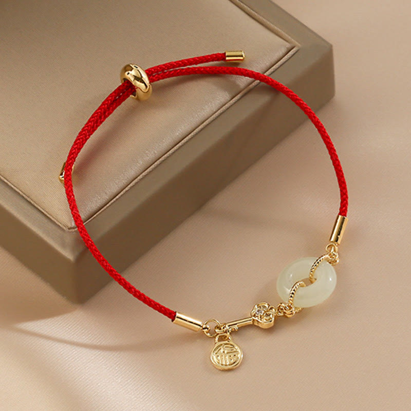 Stone of buddha 18K Gold Plated Hetian Jade Peace Buckle Fu Character Luck Red Rope Bracelet