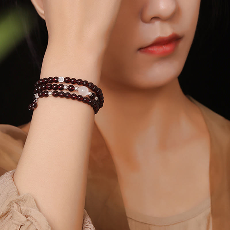 Stone of buddha 925 Sterling Silver Natural Garnet Cat Eye Protection Triple Wrap Bracelet