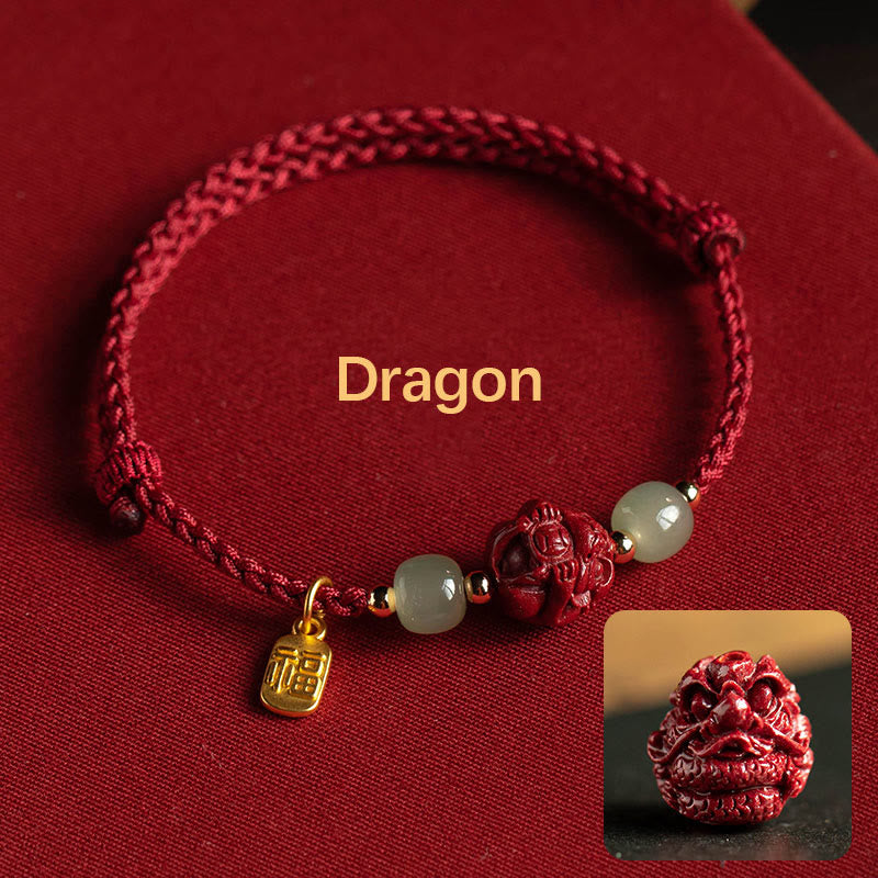 Stone of buddha Natural Cinnabar Chinese Zodiac Hetian Jade Fu Character Luck Rope Bracelet
