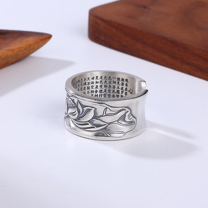 Stone of buddha 999 Sterling Silver Lotus Flower Heart Sutra Protection Ring