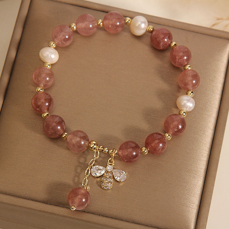 Stone of buddha Strawberry Quartz Pearl Cute Zircon Honeybee Positive Charm Bracelet