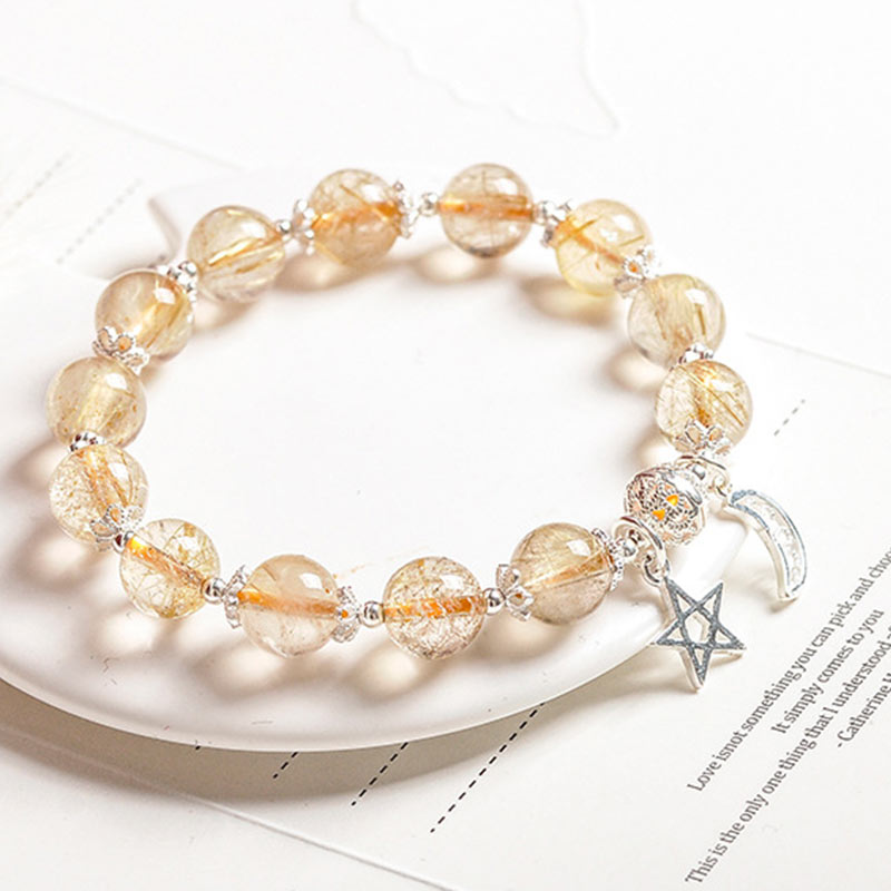 Stone of buddha 925 Sterling Silver Natural Citrine Happiness Moon Star Charm Bracelet