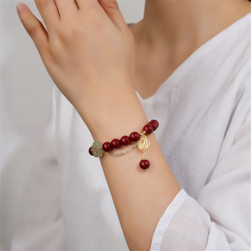 Stone of buddha Cinnabar Fu Character Hetian Jade Lucky Four Leaf Clover Blessing Bracelet