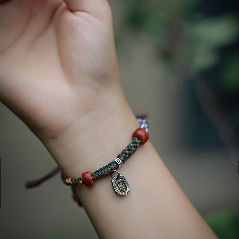 Stone of buddha Handmade Tibetan Silver 925 Sterling Silver Zakiram Goddess of Wealth Camel Bone Protection Braided Bracelet