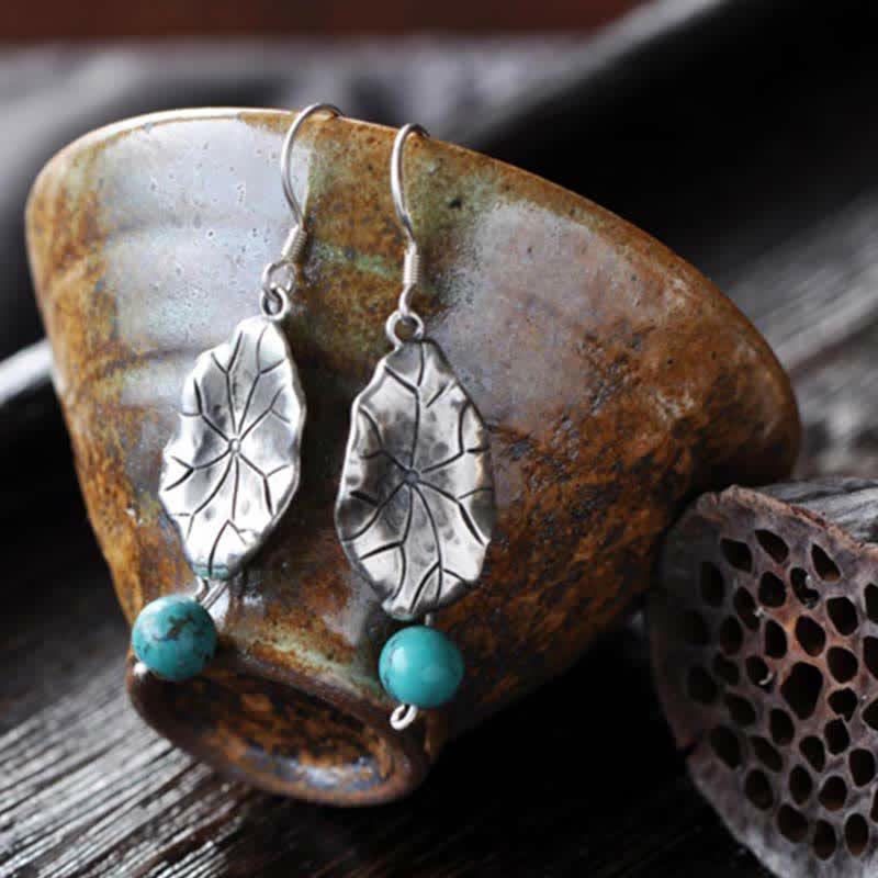 Stone of buddha 925 Sterling Silver Turquoise Lotus Leaf Protection Drop Dangle Earrings