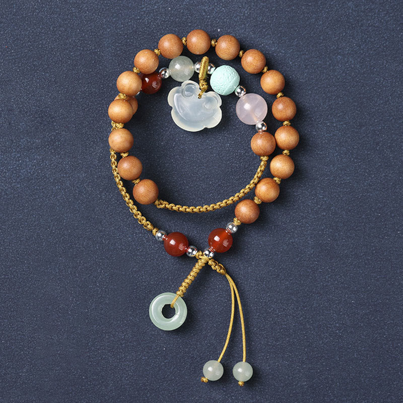 Stone of buddha Green Sandalwood Chalcedony Peace Buckle Charm Soothing Double Wrap Bracelet