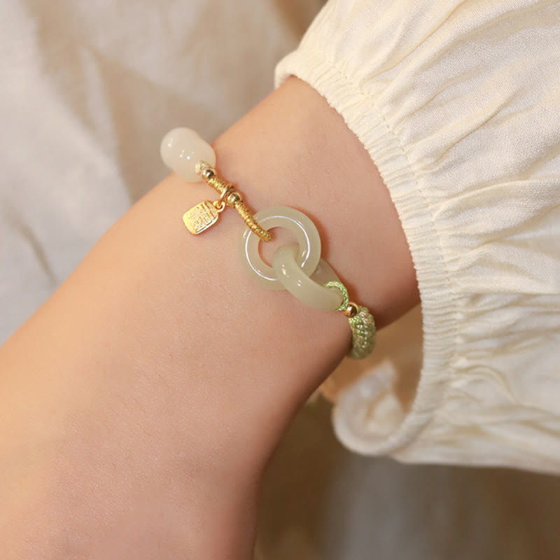 Stone of buddha Natural Hetian Jade Bead Double Peace Buckle Fu Character Abundance Braided Bracelet