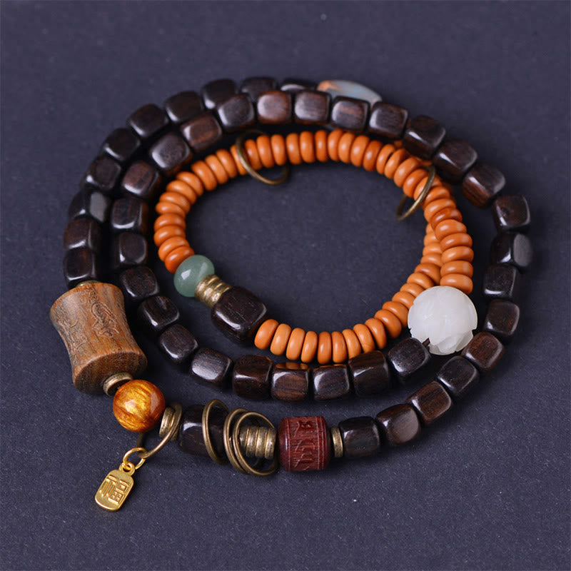 Stone of buddha Green Sandalwood Ebony Om Mani Padme Hum Engraved Peace Triple Wrap Bracelet