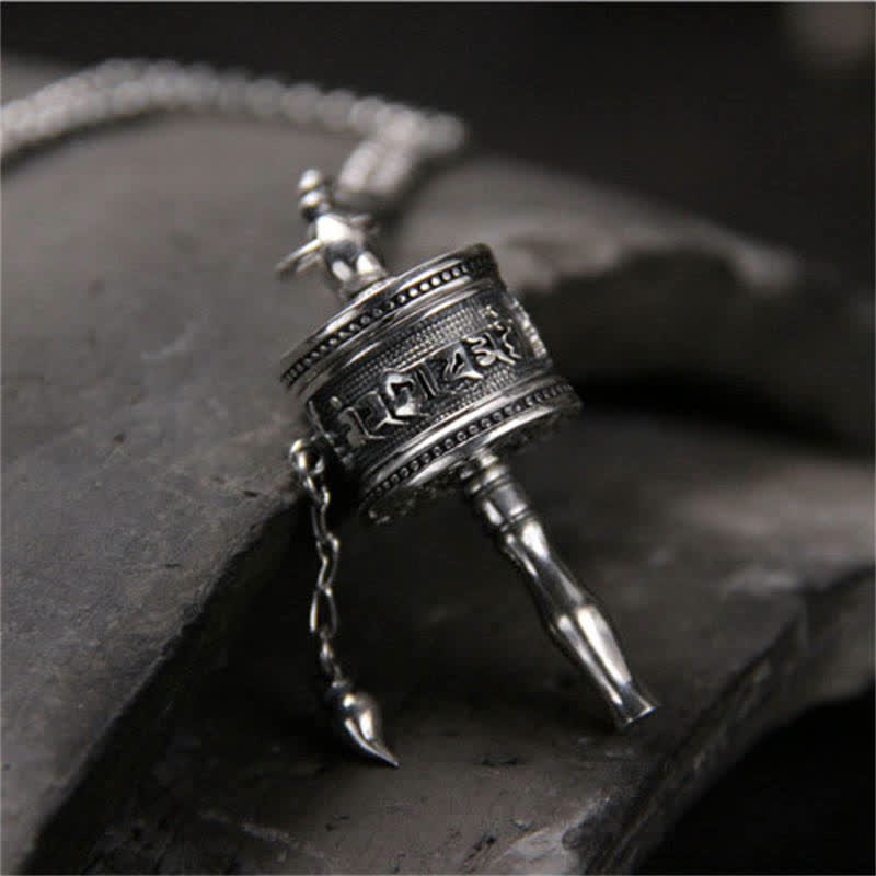 Stone of buddha 925 Sterling Silver Om Mani Padme Hum Prayer Wheel Purity Rotatable Necklace Pendant