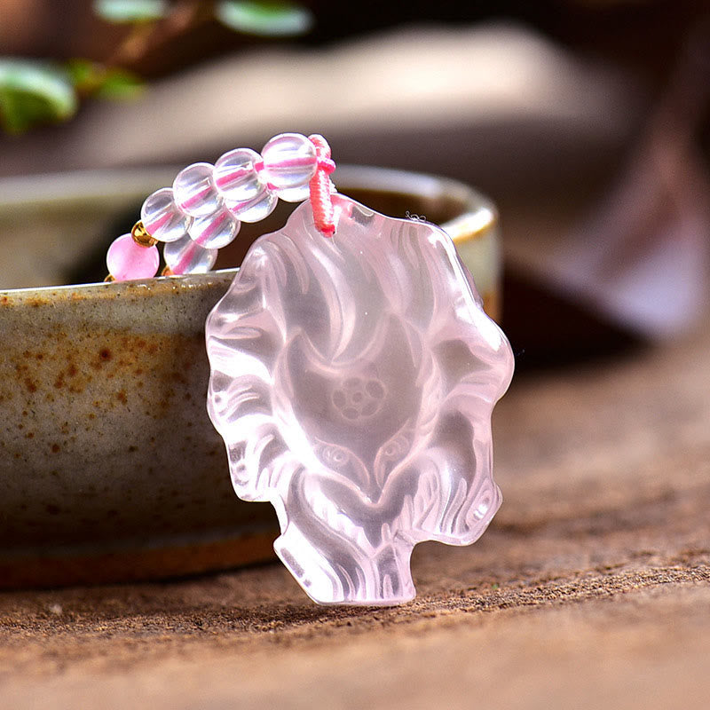 Stone of buddha Natural Pink Crystal Nine Tailed Fox Love Necklace Pendant