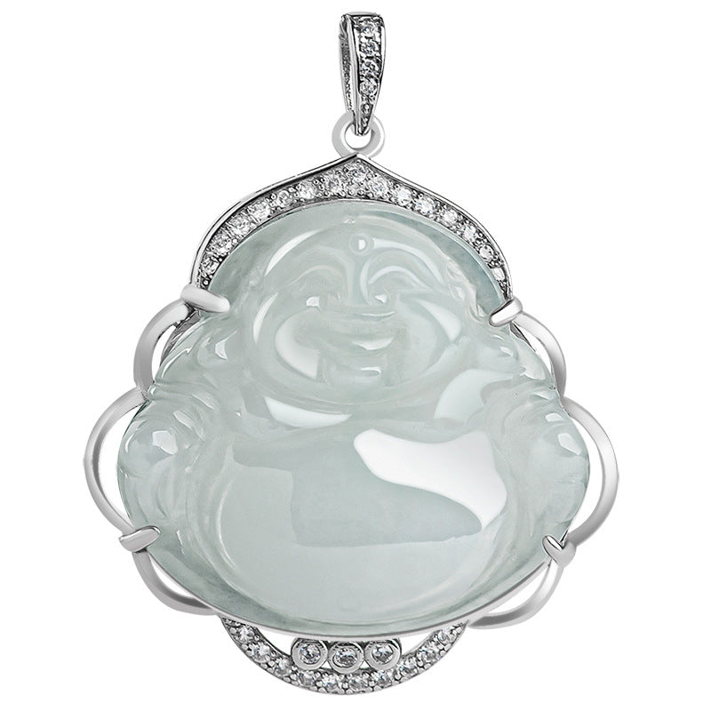 Stone of buddha 925 Sterling Silver Laughing Buddha Natural Jade Abundance Necklace Pendant