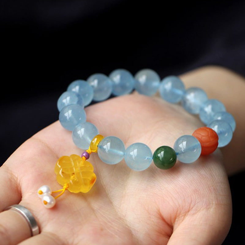 Stone of buddha Natural Aquamarine Amber Chinese Knotting Charm Peace Bracelet