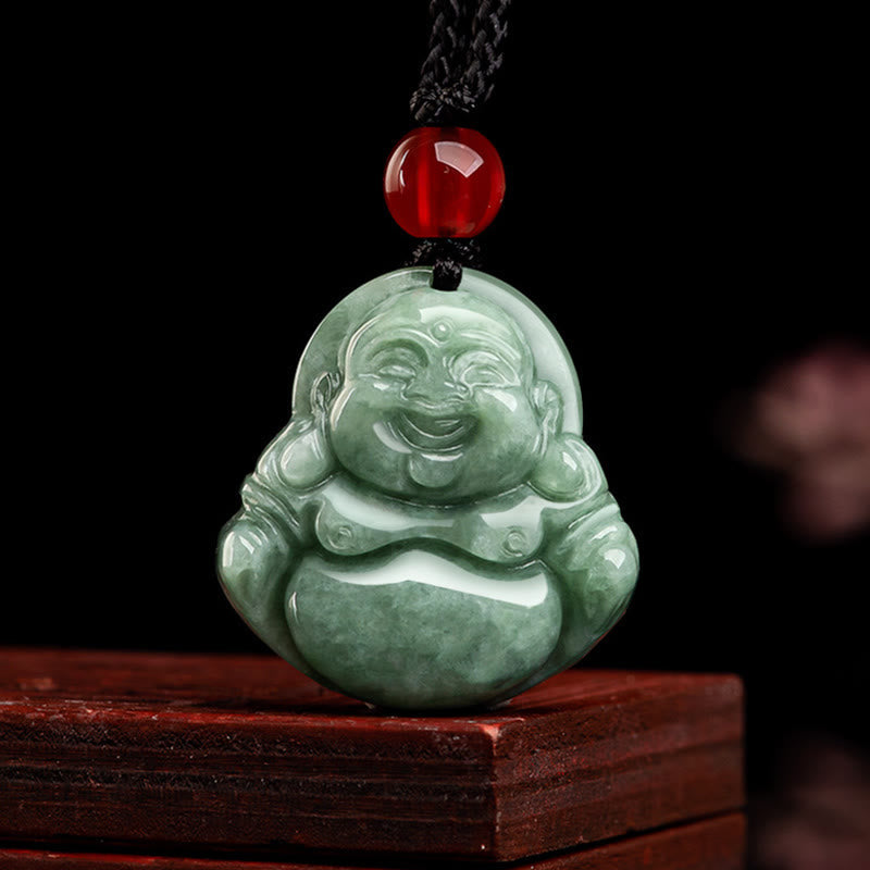Stone of buddha Natural Green Jade Laughing Buddha Luck Abundance Necklace Pendant