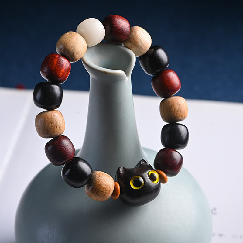 Stone of buddha Small Leaf Red Sandalwood Ebony Wood Cute Cat Engraved Protection Bracelet