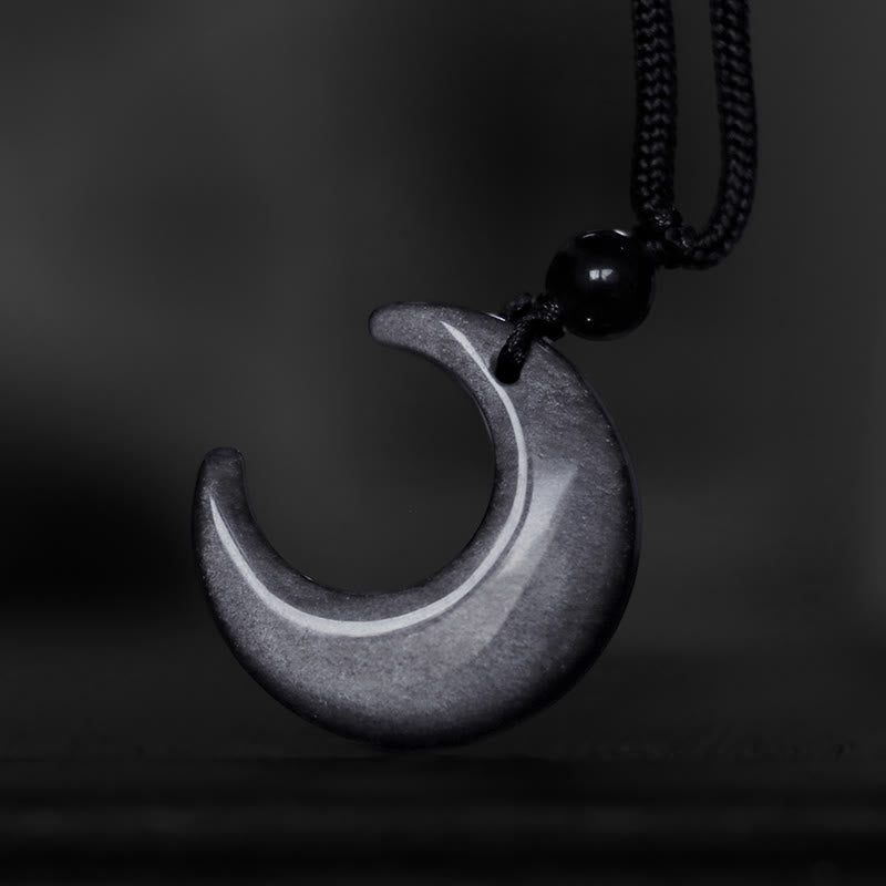 Stone of buddha Natural Silver Sheen Obsidian Selenite Crystal Crescent Moon Yin Yang Couple Protection Necklace Pendant