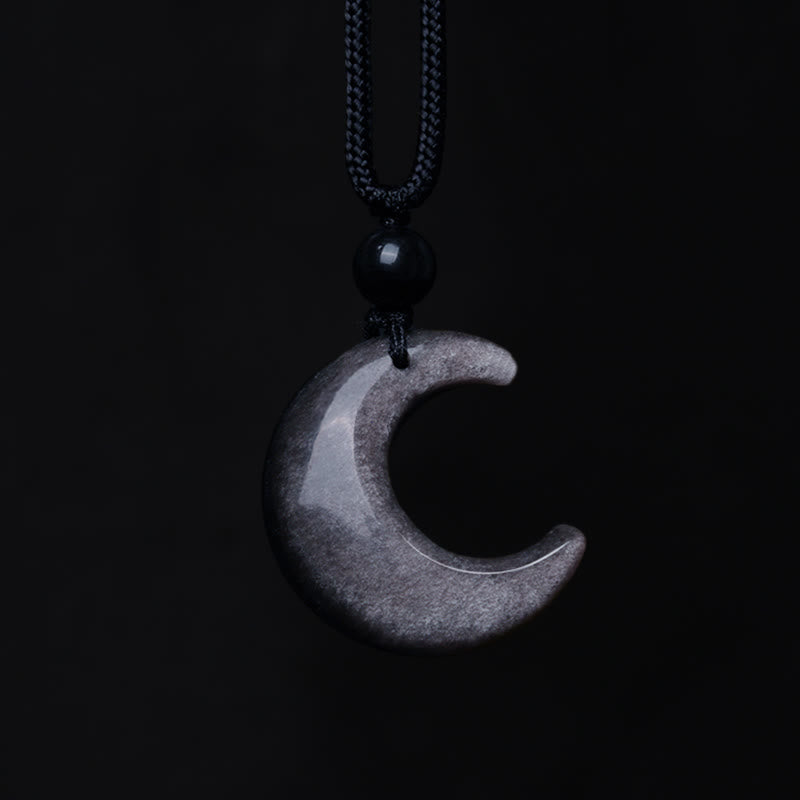 Stone of buddha Natural Silver Sheen Obsidian Selenite Crystal Crescent Moon Yin Yang Couple Protection Necklace Pendant