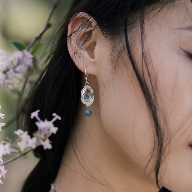 Stone of buddha 925 Sterling Silver Turquoise Lotus Leaf Protection Drop Dangle Earrings