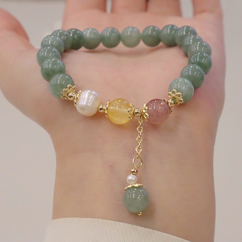 Stone of buddha Jade Pearl Strawberry Quartz Abundance Luck Bead Charm Bracelet