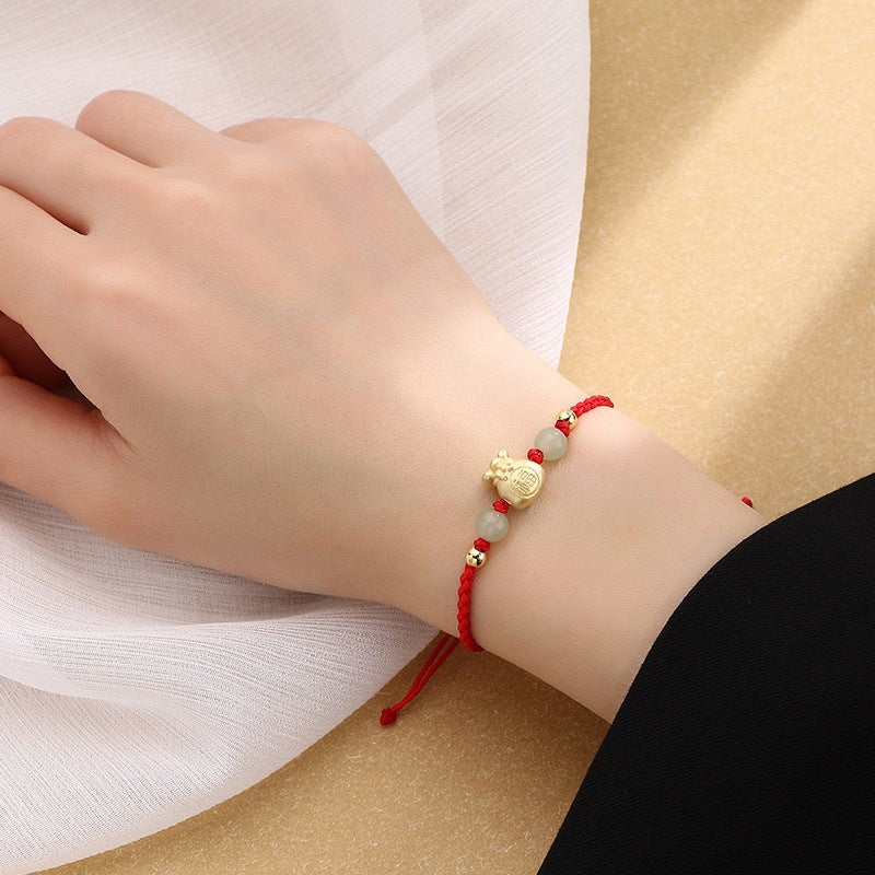 Stone of buddha Lucky Money Bag Fu Character Jade Bead Luck Braided Bracelet