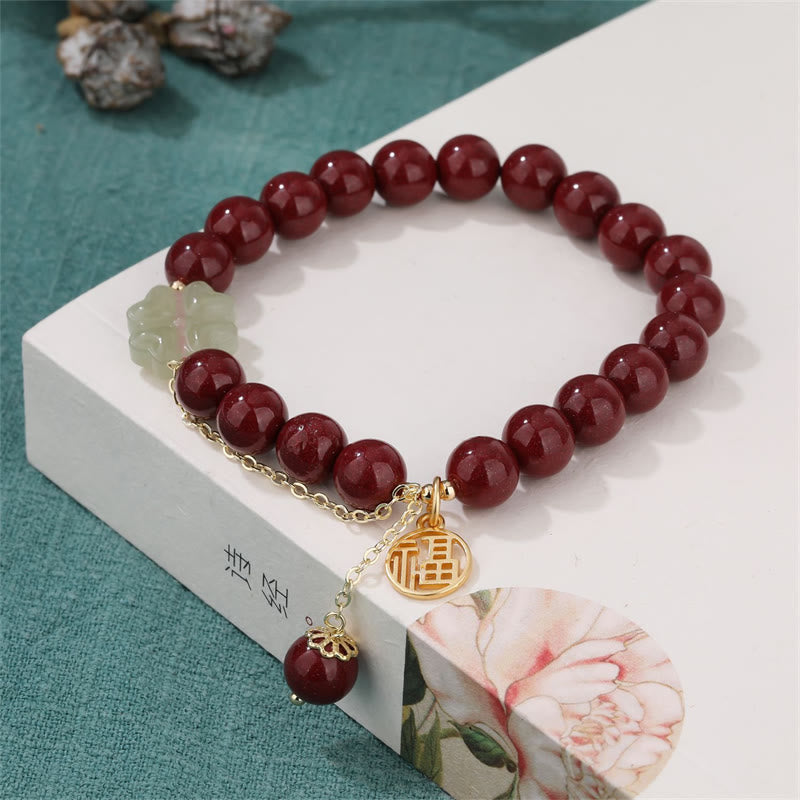Stone of buddha Cinnabar Fu Character Hetian Jade Lucky Four Leaf Clover Blessing Bracelet