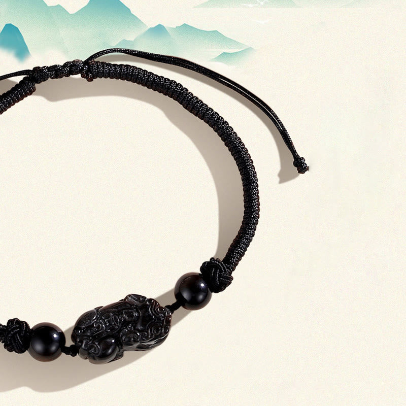 Stone of buddha Handmade Natural Silver Sheen Obsidian Strawberry Quartz PiXiu Protection Braided Bracelet