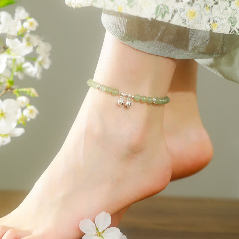 Stone of buddha 925 Sterling Silver Natural Hetian Jade Prosperity Bell Charm Anklet