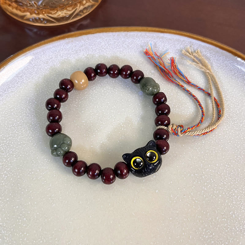Stone of buddha Ebony Wood Lovely Cat Jade Paw Peace Tassel Wood Bracelet
