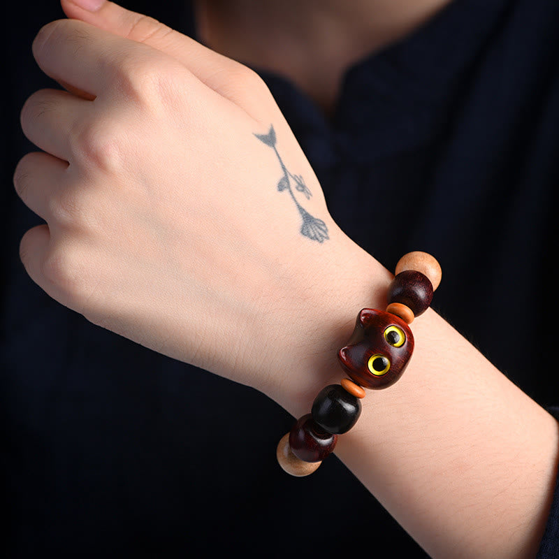 Stone of buddha Small Leaf Red Sandalwood Ebony Wood Cute Cat Engraved Protection Bracelet