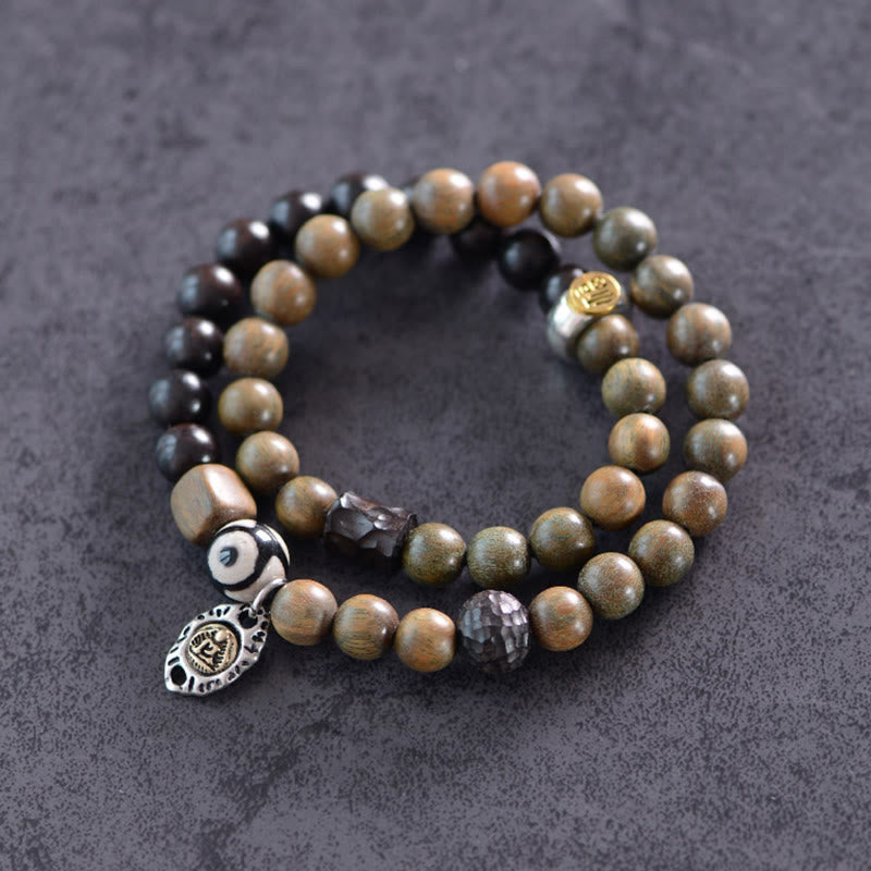 Stone of buddha Tibetan Green Sandalwood Ebony Wood Three-eyed Dzi Bead Fu Character Balance Peace Double Wrap Bracelet