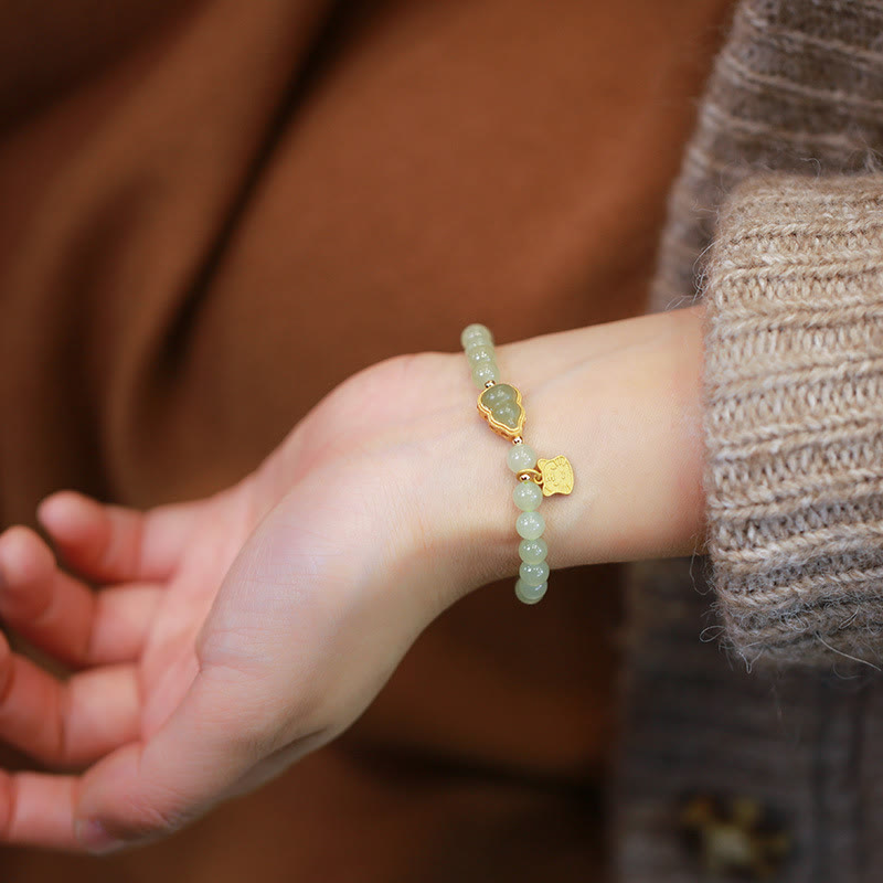 Stone of buddha 925 Sterling Silver Plated Gold Natural Hetian Jade Bead Gourd Lotus Bamboo Fu Character Luck Bracelet