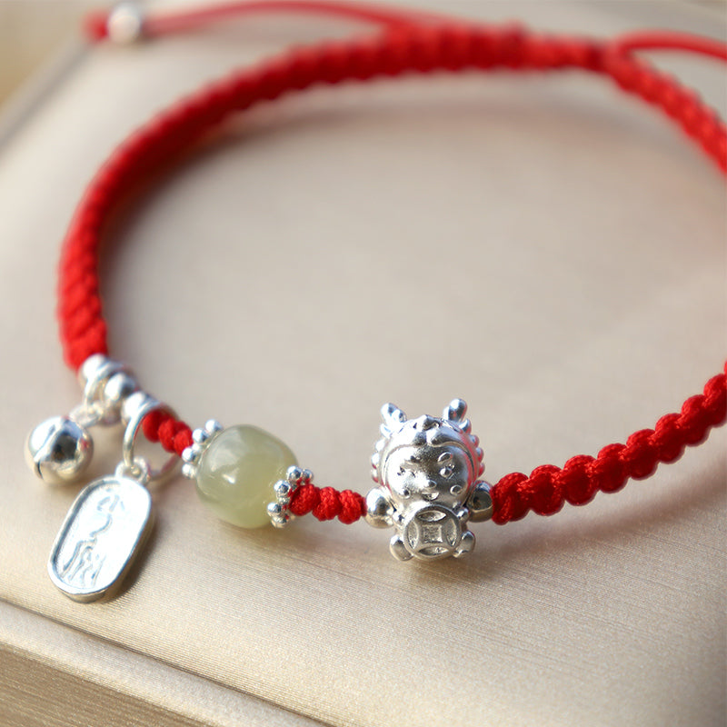 Stone of buddha Handmade Year Of The Dragon 999 Sterling Silver Hetian Jade Copper Coin Peace And Joy Protection Bracelet