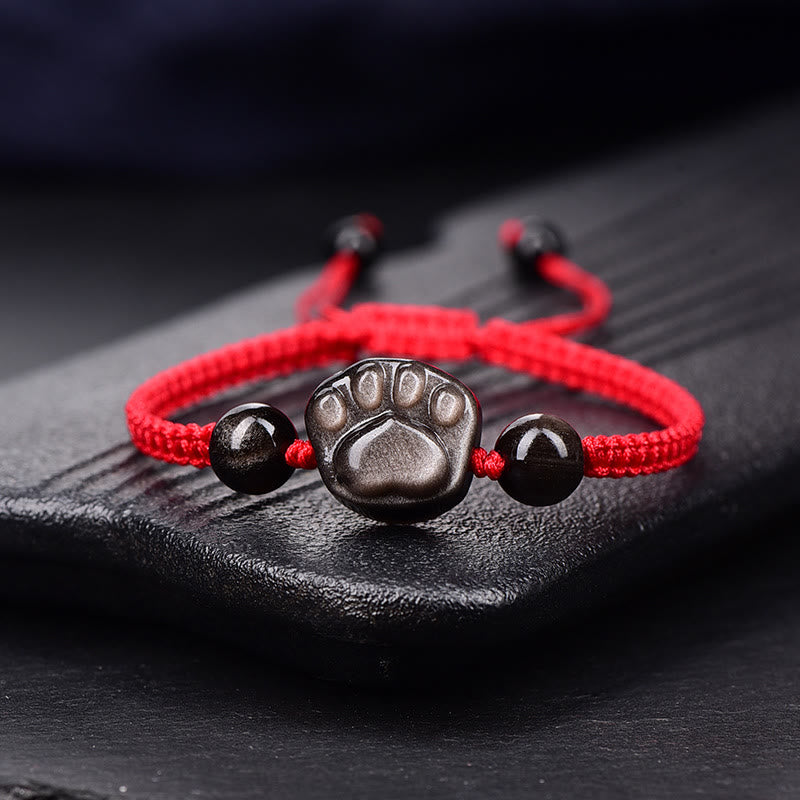 Stone of buddha Natural Silver Sheen Obsidian Gold Sheen Obsidian Cute Cat Paw Claw Protection Rope Bracelet