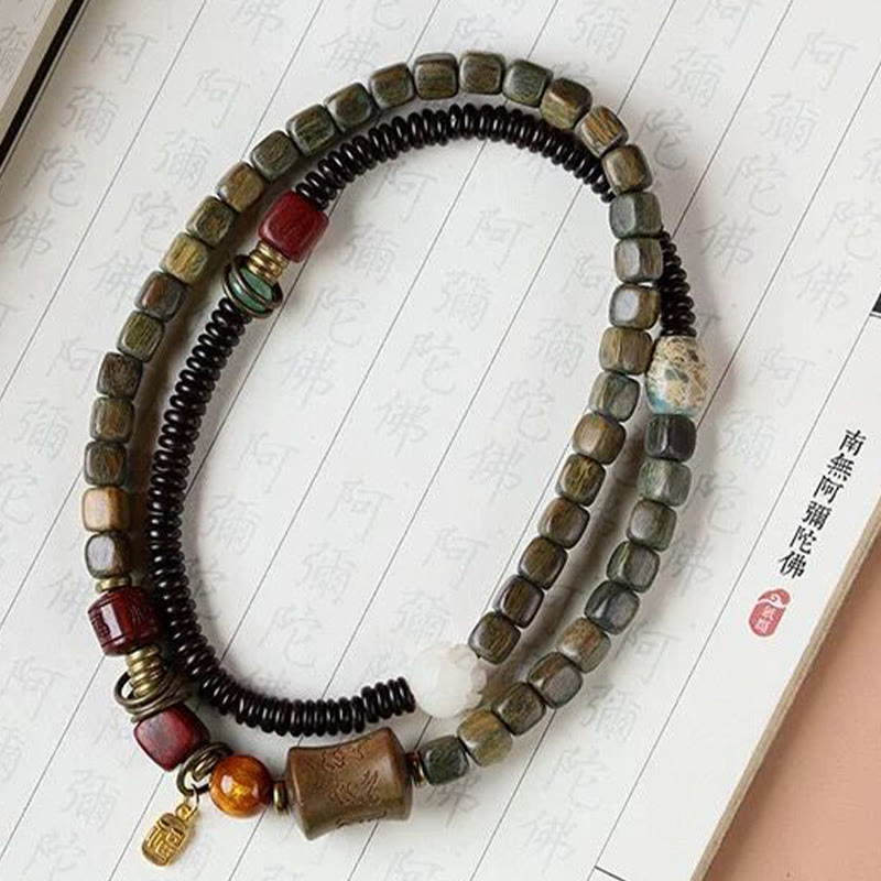 Stone of buddha Green Sandalwood Ebony Om Mani Padme Hum Engraved Peace Triple Wrap Bracelet