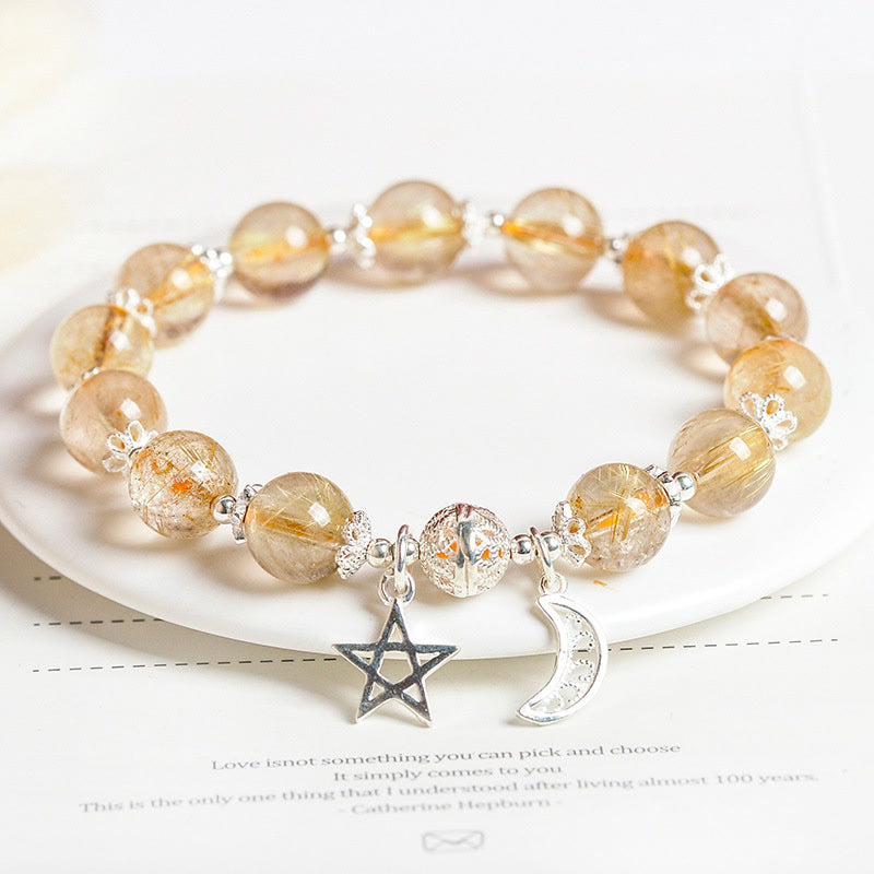 Stone of buddha 925 Sterling Silver Natural Citrine Happiness Moon Star Charm Bracelet