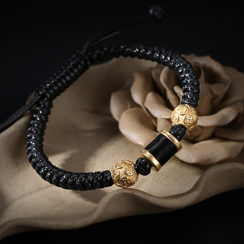 Stone of buddha 999 Sterling Silver Copper Coin Bead Copper Balance Braided String Bracelet