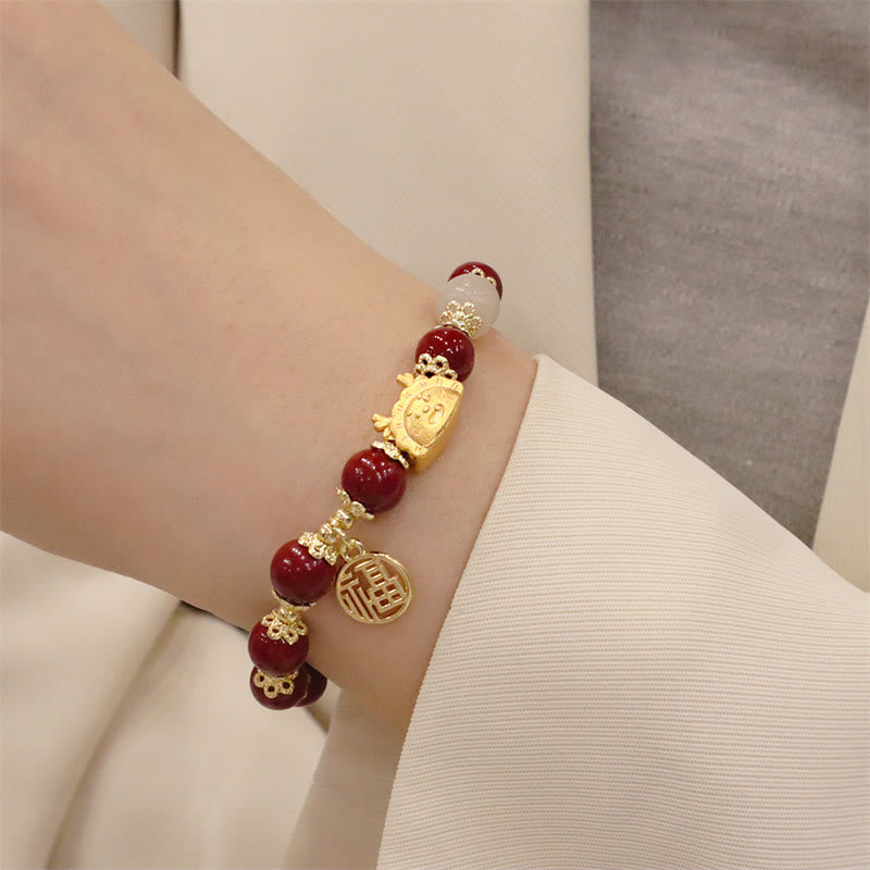 Stone of buddha Year Of The Dragon Red Agate Strawberry Quartz Black Obsidian Jade Garnet Pearl Cinnabar Dumpling Dragon Luck Fu Character Bracelet