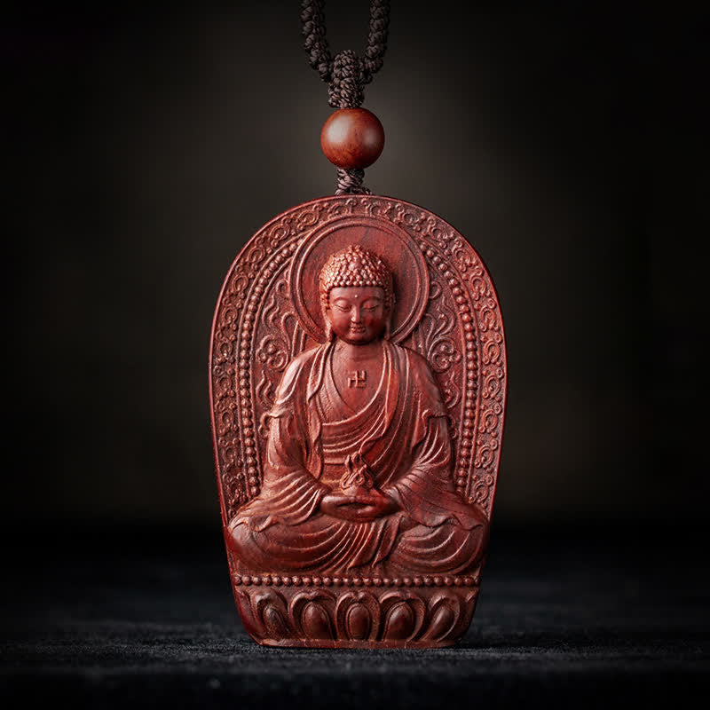 Stone of buddha Chinese Zodiac Natal Buddha Small Leaf Red Sandalwood Lotus Protection Necklace Pendant